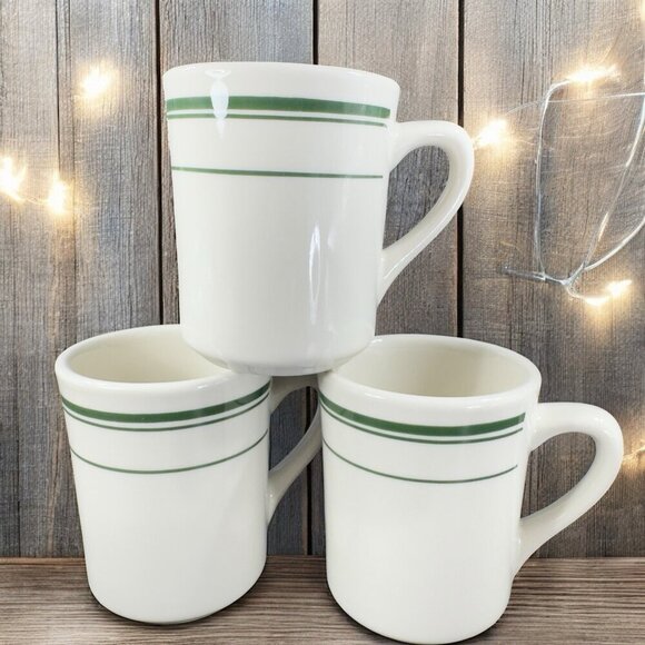 TUXTON 9oz Ceramic Restaurant Grade Diner Coffee Cup Mug Green Stripes Set 3 VTG - Picture 1 of 16